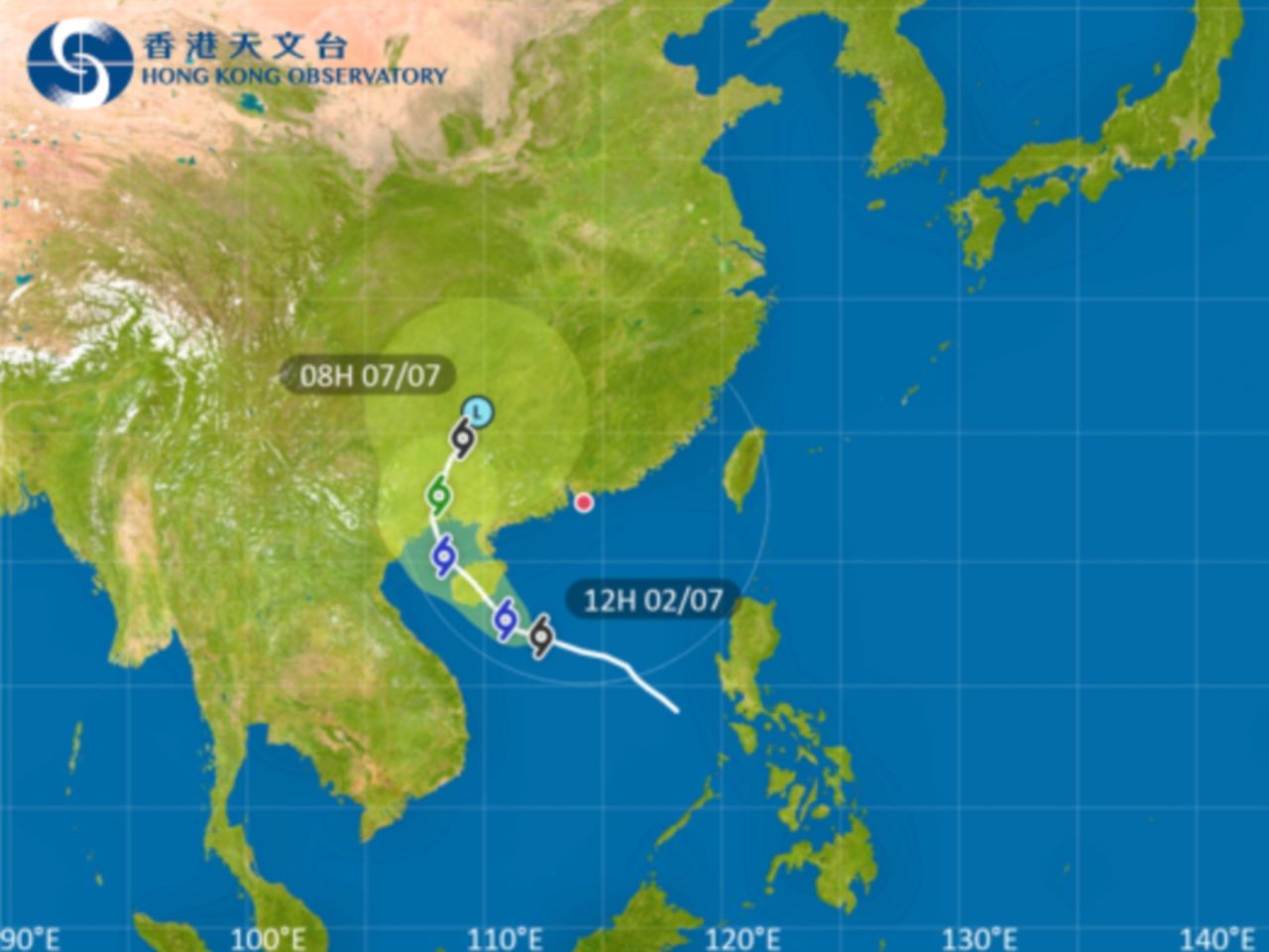 The tropical depression is expected to intensify in the coming hours and track generally towards Hainan. Graphic courtesy of the observatory