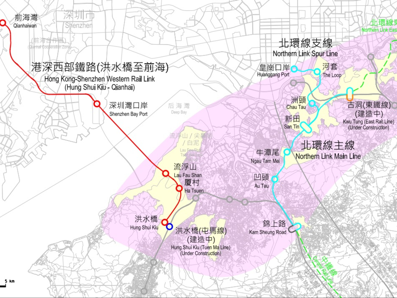 港深西部鐵路連接深圳前海至洪水橋，全程設五個車站，分別位於香港洪水橋、厦村和流浮山，以及深圳灣口岸和前海。(立法會文件)