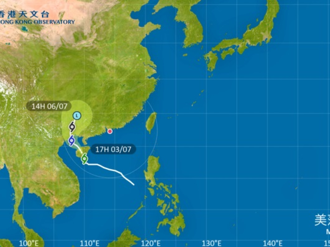 天文台說，除非美莎克顯著增強及採取較為接近廣東沿岸的路徑，否則改發三號強風信號的機會較低。（天文台網頁）