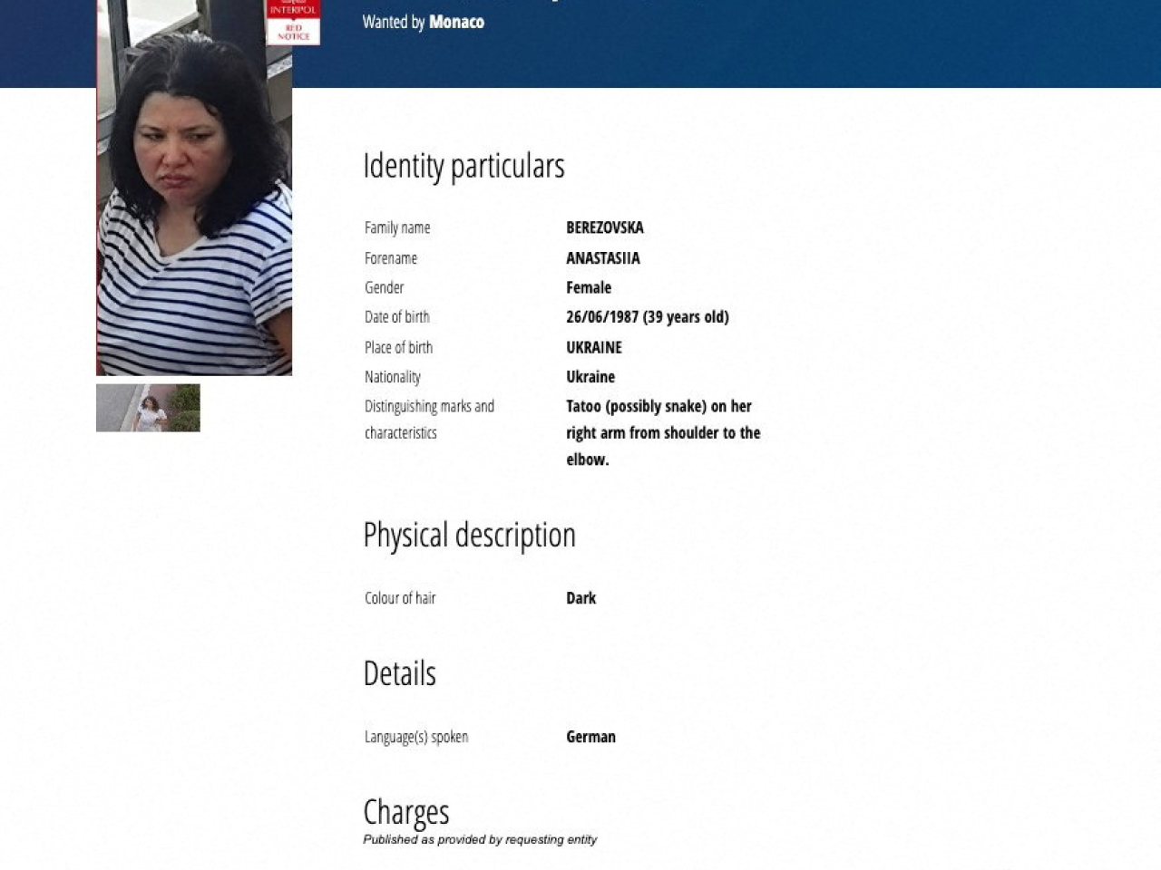 An Interpol Red Notice issued for Anastasiia Berezovska in connection with a blast which injured three people in Monaco on Monday. Image: Reuters