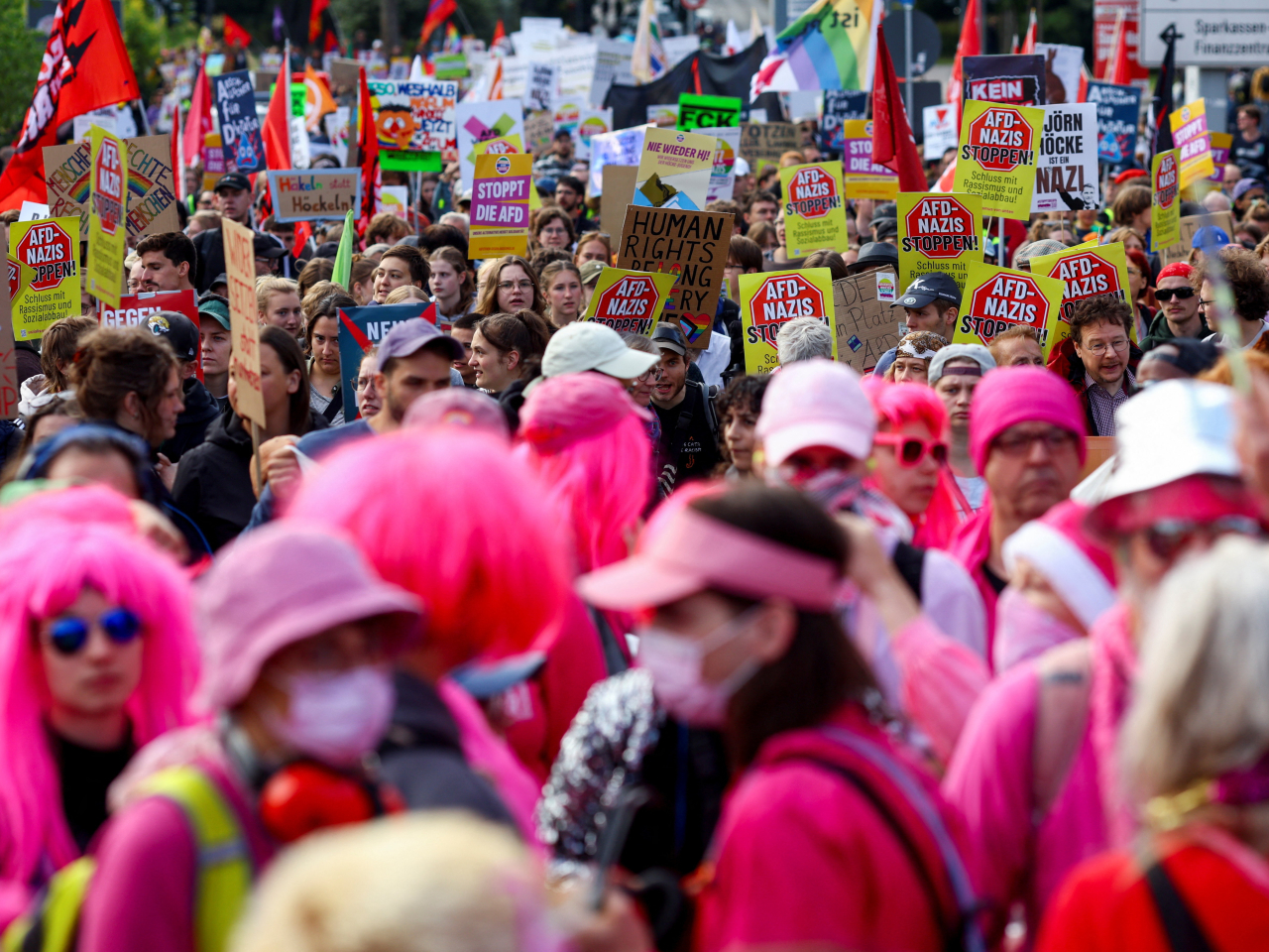 Anti-AfD activists march in Erfurt in protest against its annual congress. Photo: Reuters