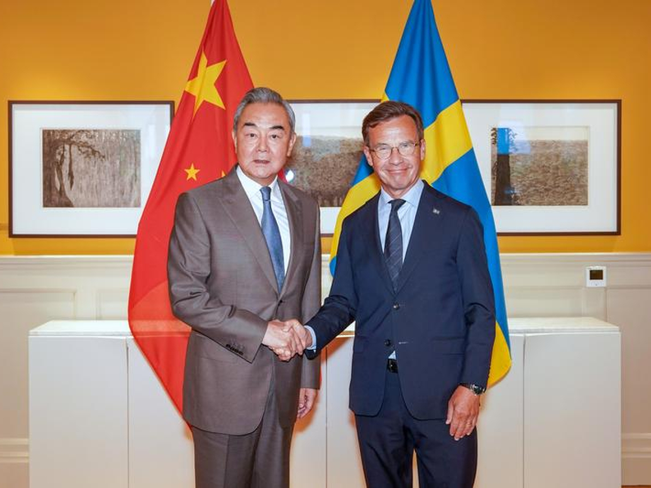 王毅在斯德哥爾摩，與瑞典首相克里斯特松會面。（新華社）