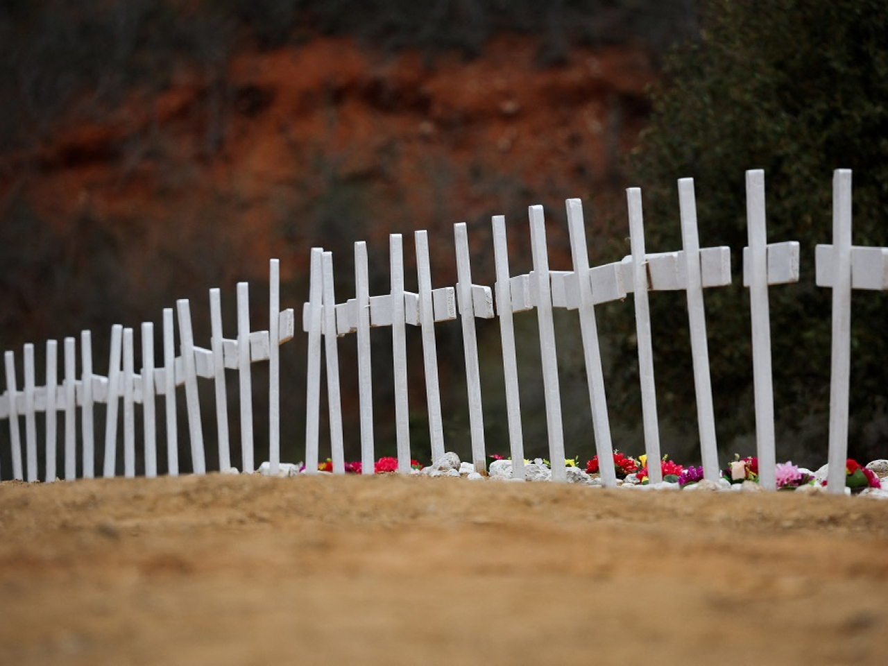 A line of simple white crosses with small bouquets placed on them marked a long row of individual graves in La Esperanza cemetery in La Guaira. Photo: Reuters