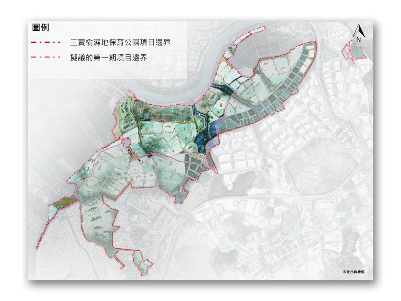 三寶樹濕地保育公園項目邊界。（土木工程拓展署）