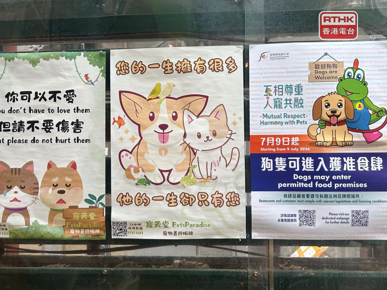 咖啡店於門外張貼食環署的海報，中英文寫上「歡迎狗狗」等字眼，方便市民識別。（鄧穎琳攝）