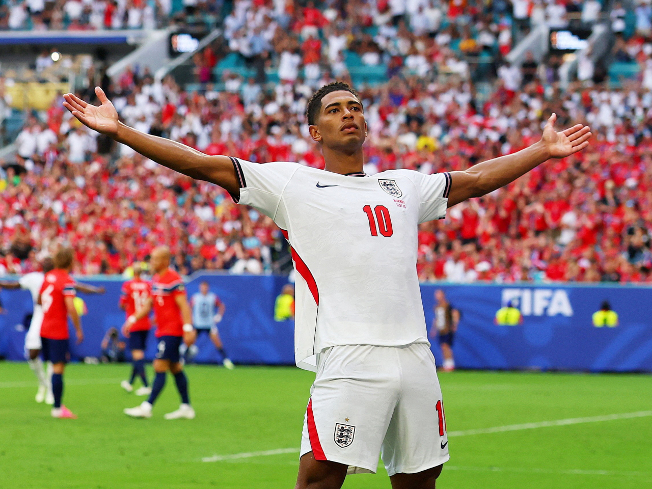 England's Jude Bellingham celebrates scoring their second goal. Photo: Reuters