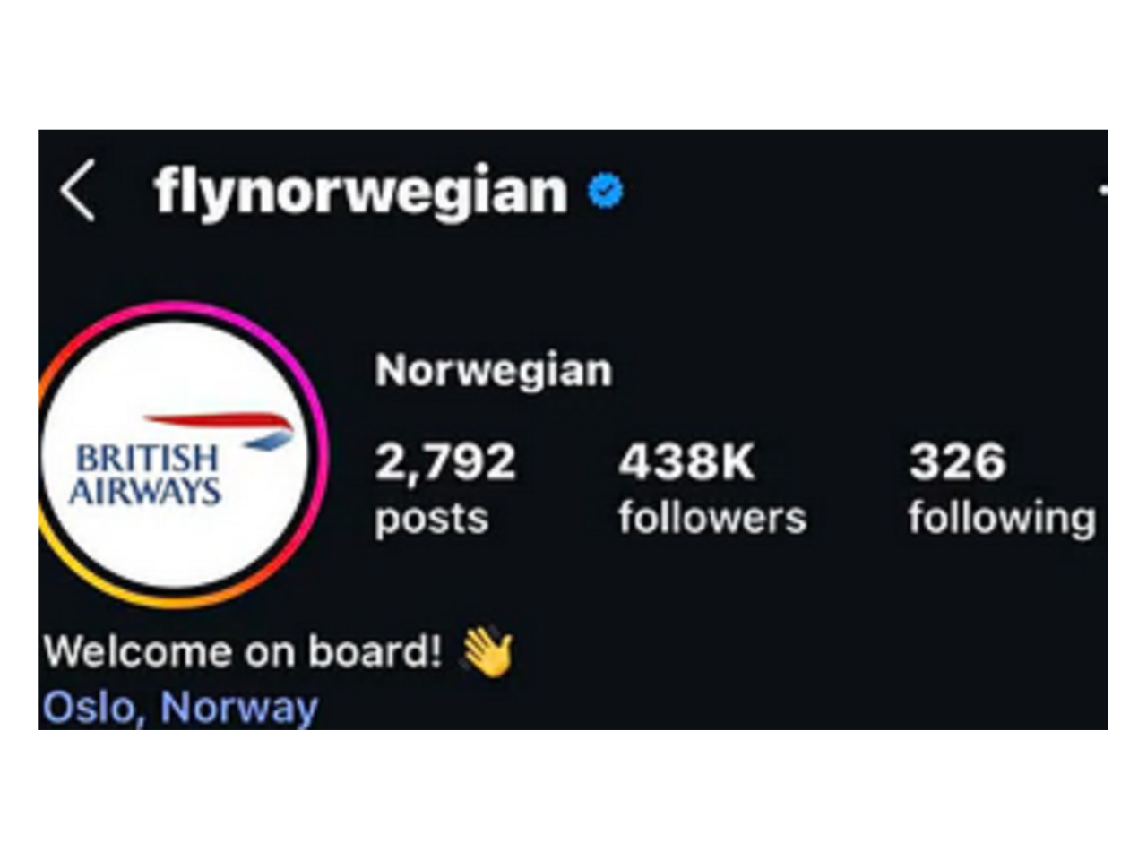 挪威穿梭航空將公司社交帳戶的頭像相片換成英航商標。（社交平台截圖）