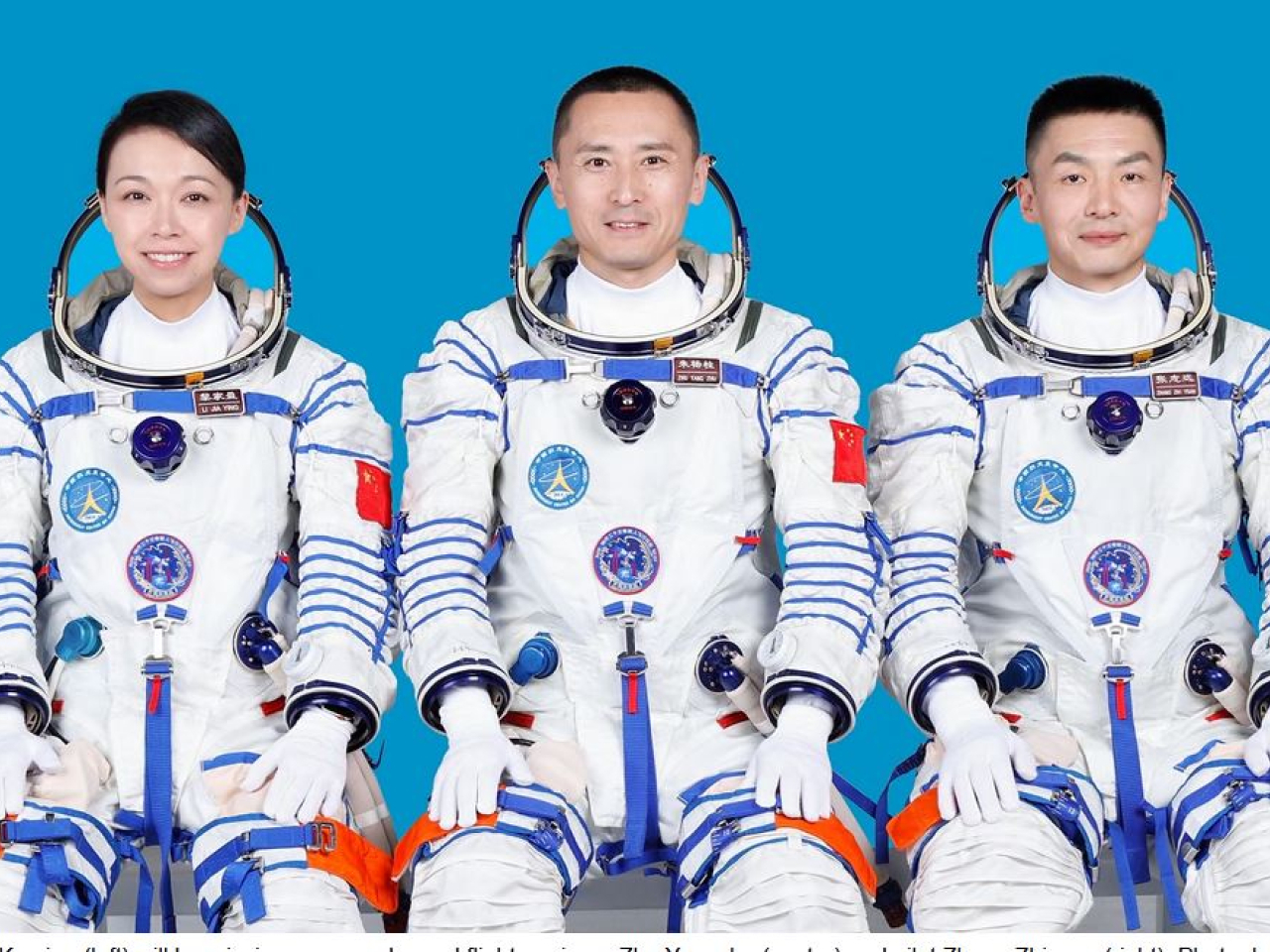 Put through their paces in orbit are, from left, Lai Ka-ying, Zhu Yangzhu and Zhang Zhiyuan. Photo: Information Services Department