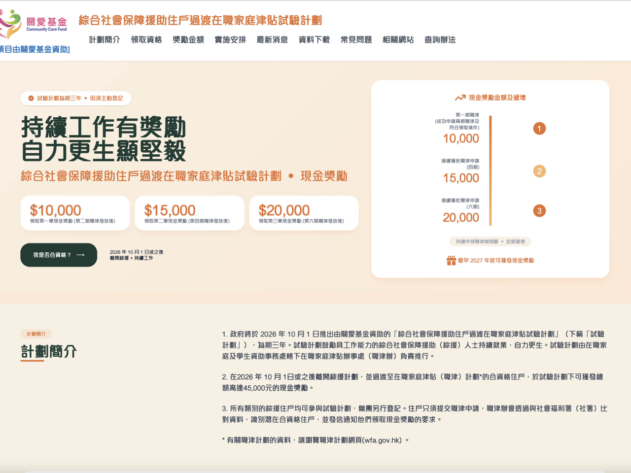 每個合資格住戶最多可獲發三筆現金獎勵，總額達45000元。（網站截圖）