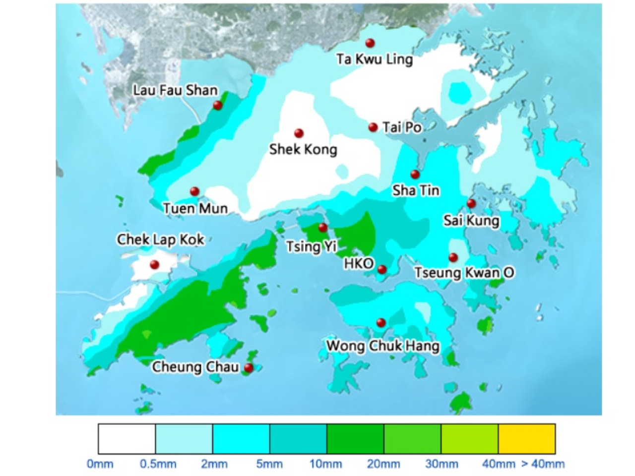 The Hong Kong Observatory says heavy rain is affecting Hong Kong as an active southwesterly airstream brings showers and thunderstorms to the coast of Guangdong. Graphic courtesy of HKO