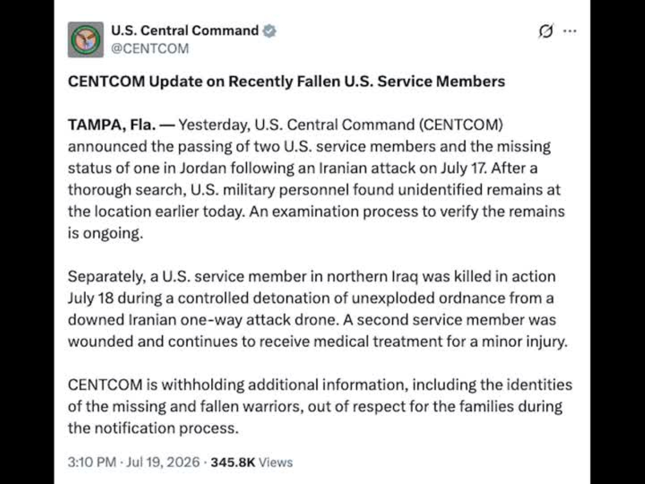 美軍中央司令部表示，該名士兵上周六在伊拉克北部，引爆一架被擊落伊朗無人機的未爆彈藥時喪生。(路透社)