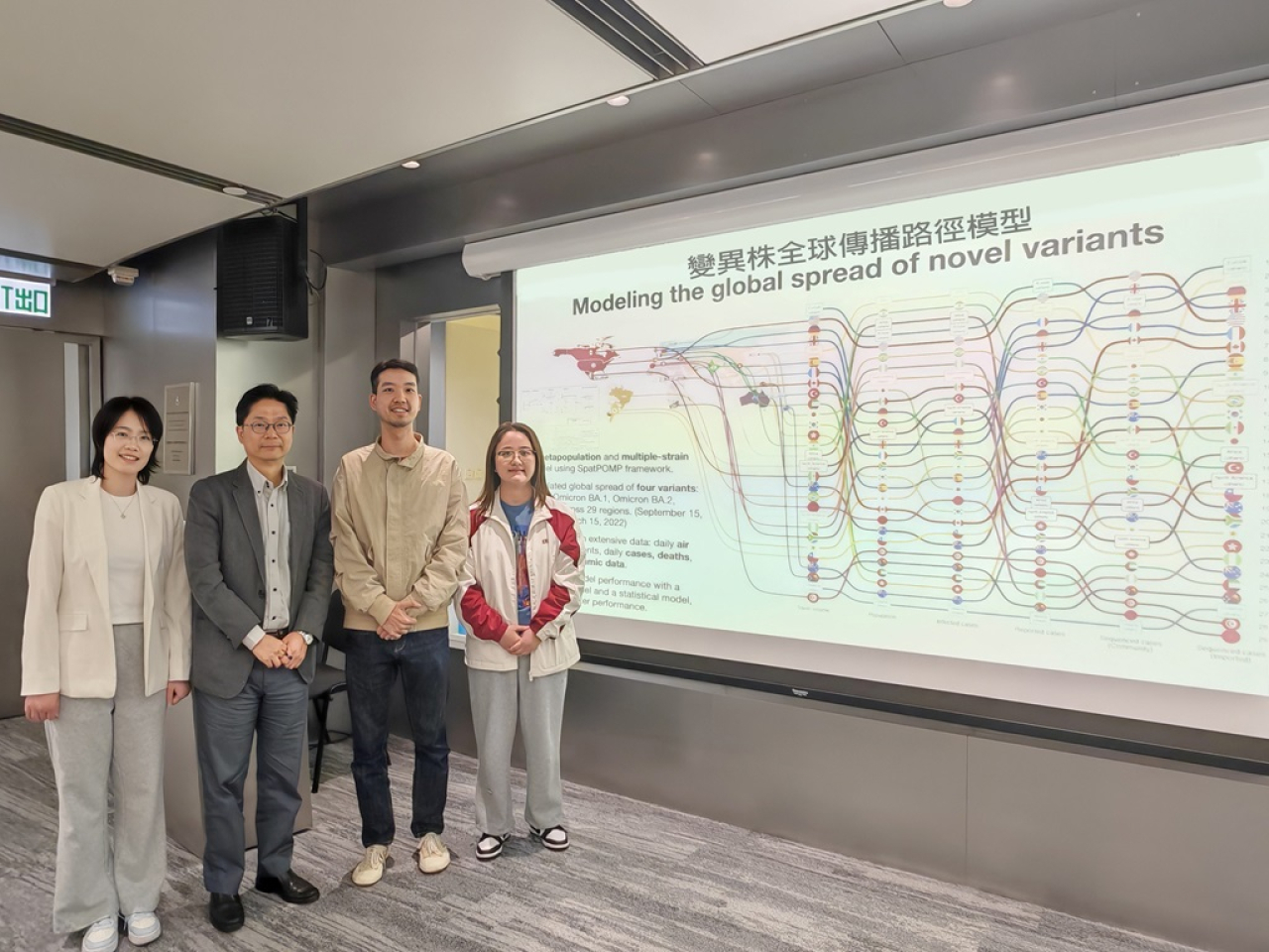 港大醫學院證實針對飛行航線進行基因監測有助加快預知病毒變異株。研究由潘烈文（左二）及顧豪高（右二）共同領導。(港大醫學院)