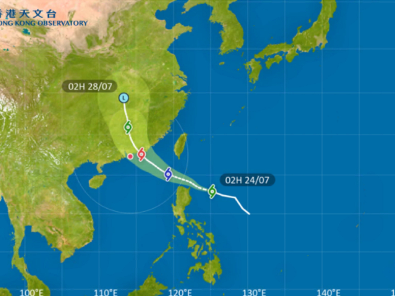 天文台說紅霞會在周末期間靠近廣東東部沿岸，並逐步增強。（天文台網頁圖片）