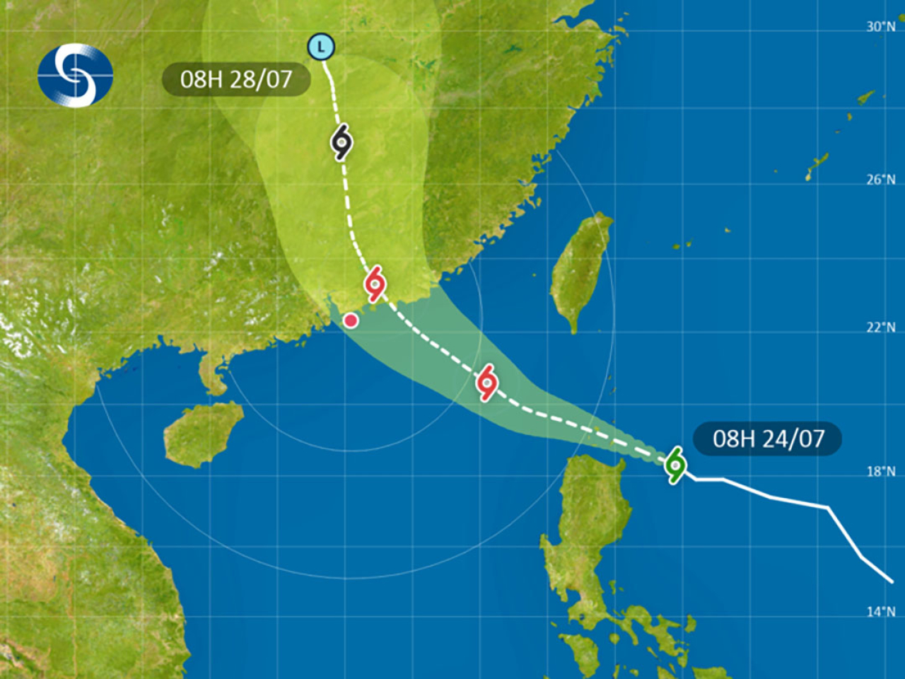 天文台表示，熱帶氣旋紅霞今日稍後會橫過呂宋海峽並進入本港800公里範圍。（天文台）