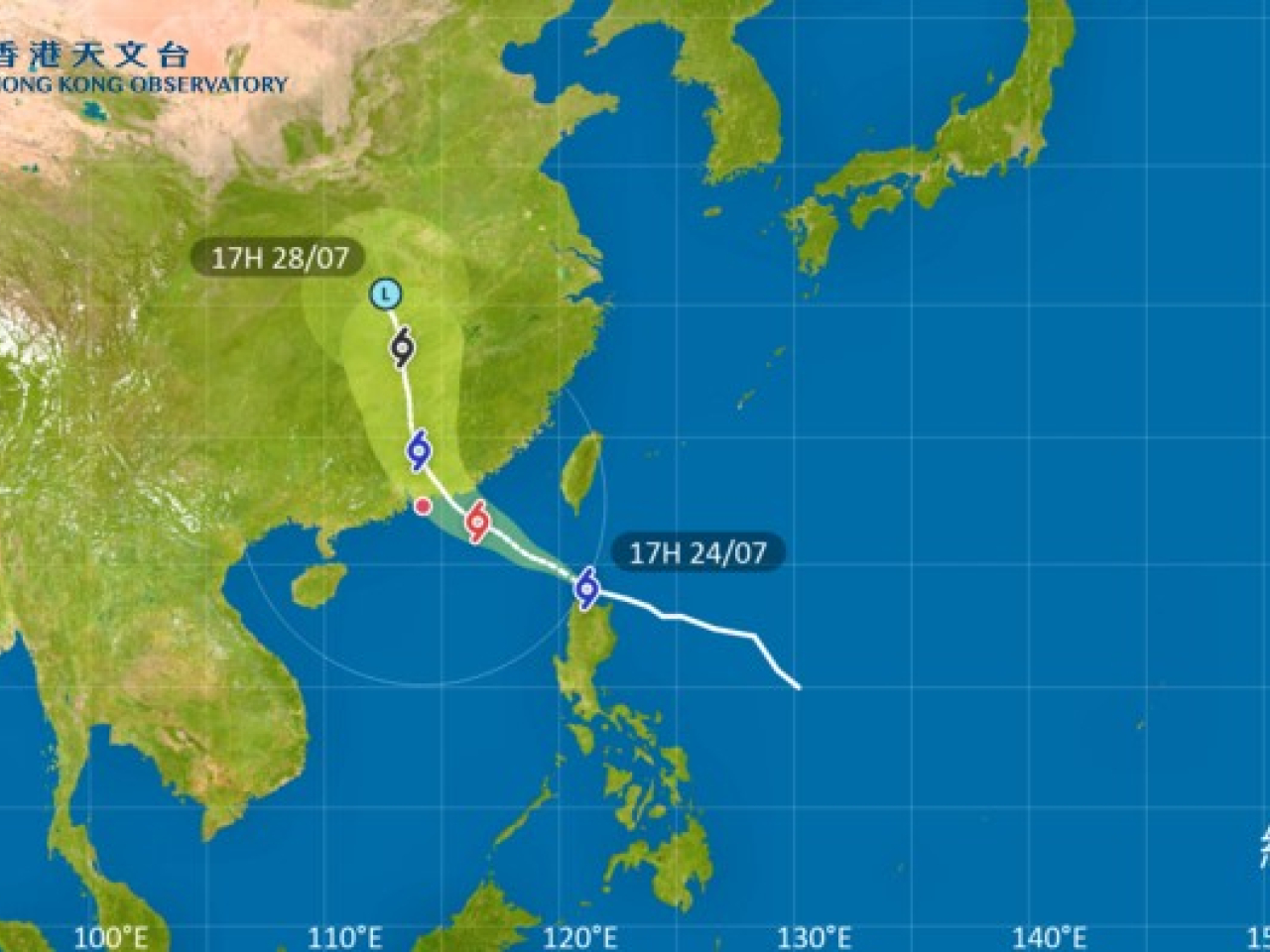 The weather forecaster says it will consider issuing higher warning signals on Saturday afternoon. Image courtesy of Hong Kong Observatory