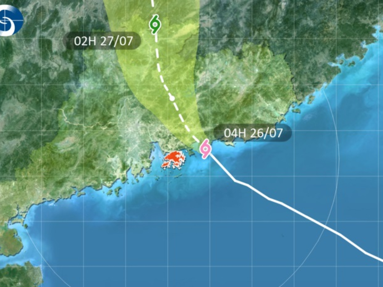 The storm has made landfall over Huidong, around Huizhou City. Graphic courtesy of the Hong Kong Observatory