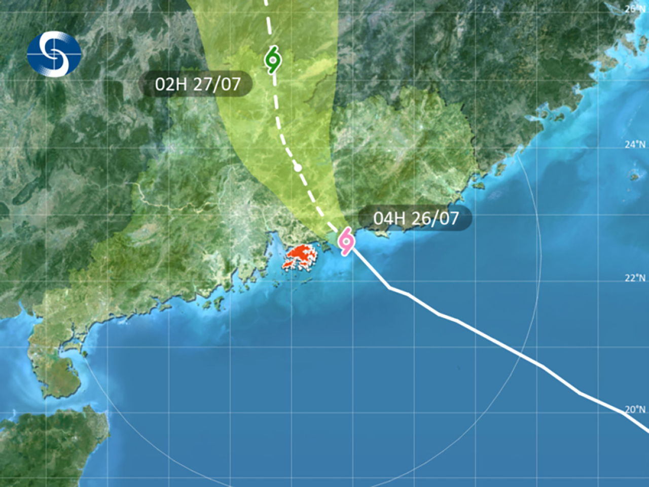 天文台表示，強颱風紅霞已在惠州市惠東縣登陸，並正於本港東北100公里內掠過 。（天文台）