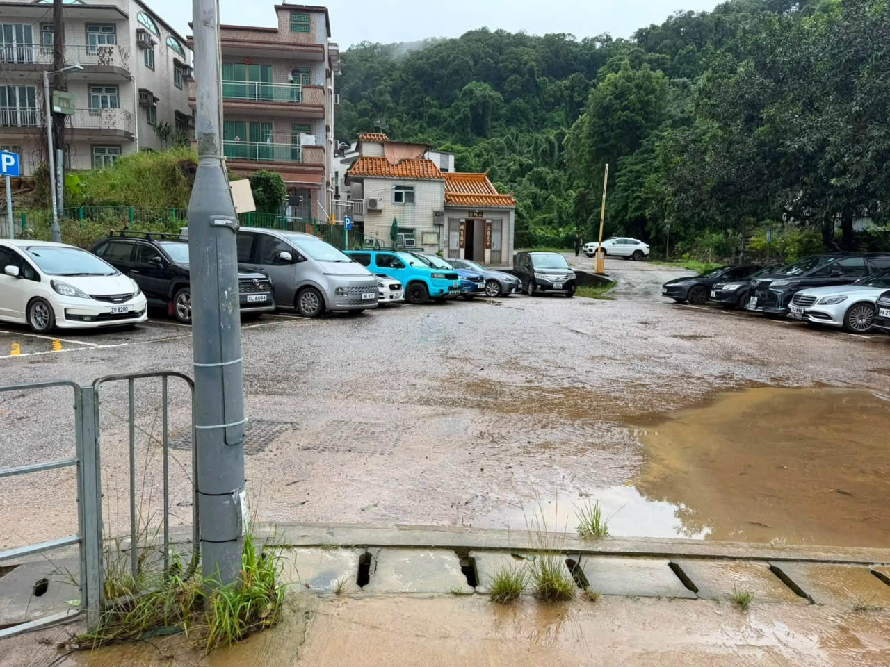 渠務署緊急應變隊伍及強力排水機械人「龍吸水」已於社山村停車場完成處理水浸。（渠務署社交網頁圖片）