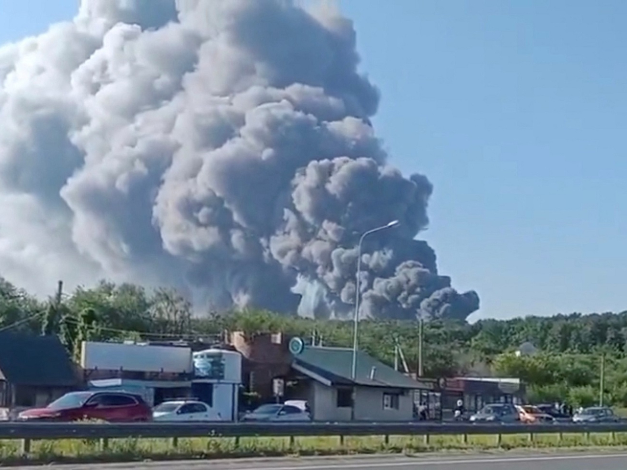 A media posted on social media shows the aftermath of a Ukrainian drone attack on a Wildberries warehouse in Novosemeykino. Image: social media screengrab via Reuters