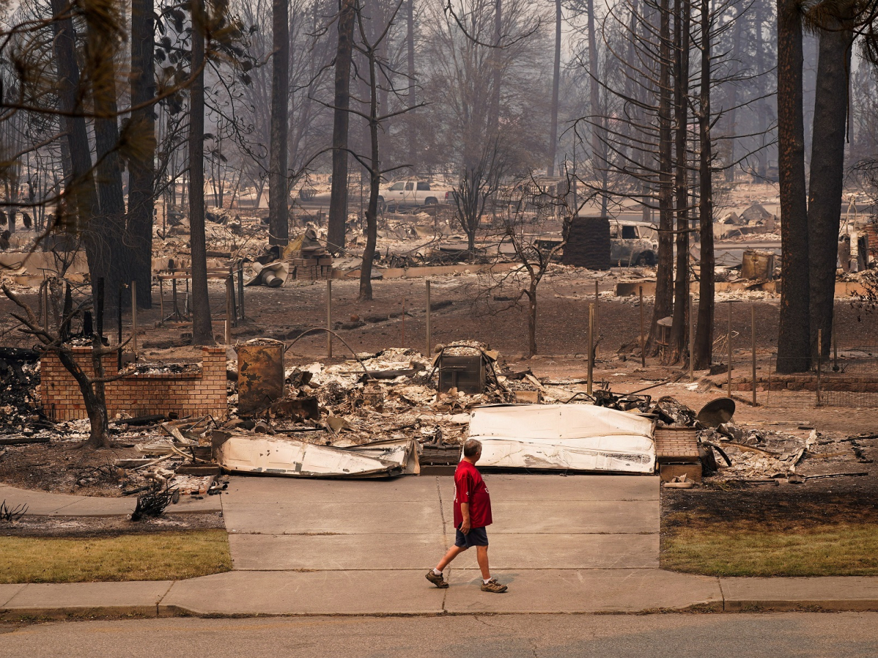 A man walks among an incinerated neighbourhood in the Old Trails Fire in Spokane, Washington. Photo: Reuters