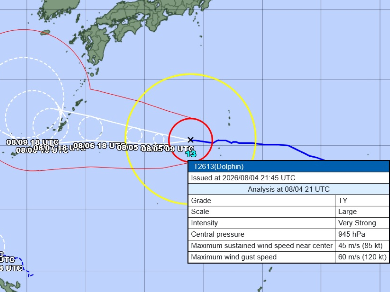 強颱風白海豚繼續向偏西方向移動，預計今日起逐漸影響日本沖繩和奄美地區。（日本氣象廳網站截圖）