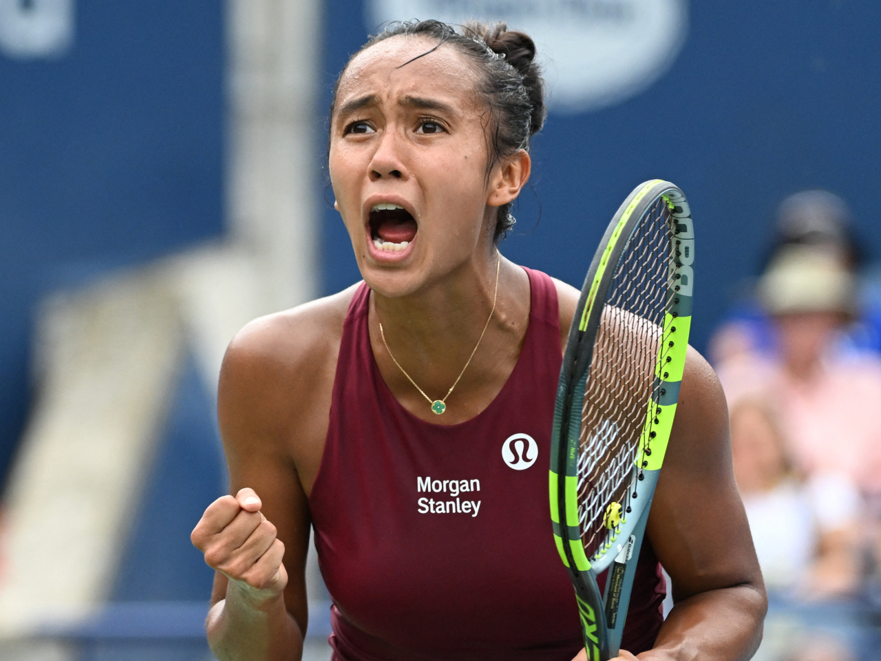 Leylah Fernandez shouts in triumph after beating Mirra Andreeva. Photo: Dan Hamilton-Imagn Images/Reuters