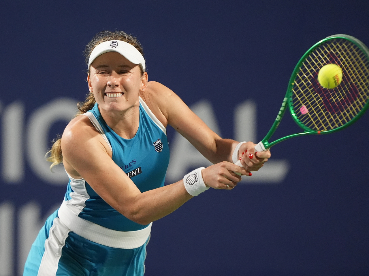 Ekaterina Alexandrova hits a ball to Aryna Sabalenka during the fourth round at the National Bank Open at Sobeys Stadium. Photo: Reuters