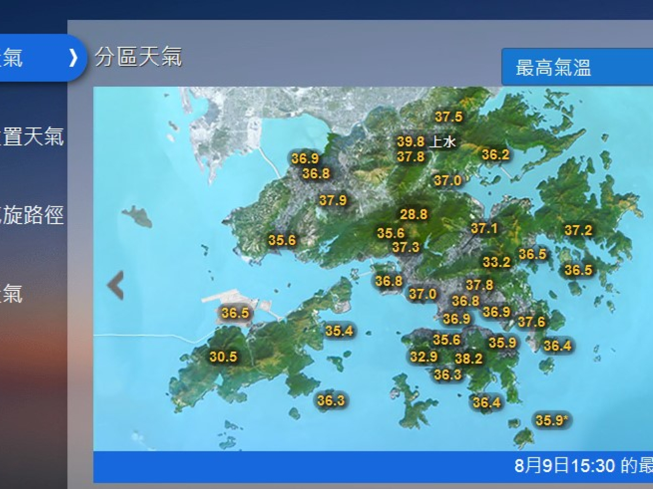 天文台網頁顯示，至下午3時30分，上水最高氣溫升至39.8度。（天文台網頁）