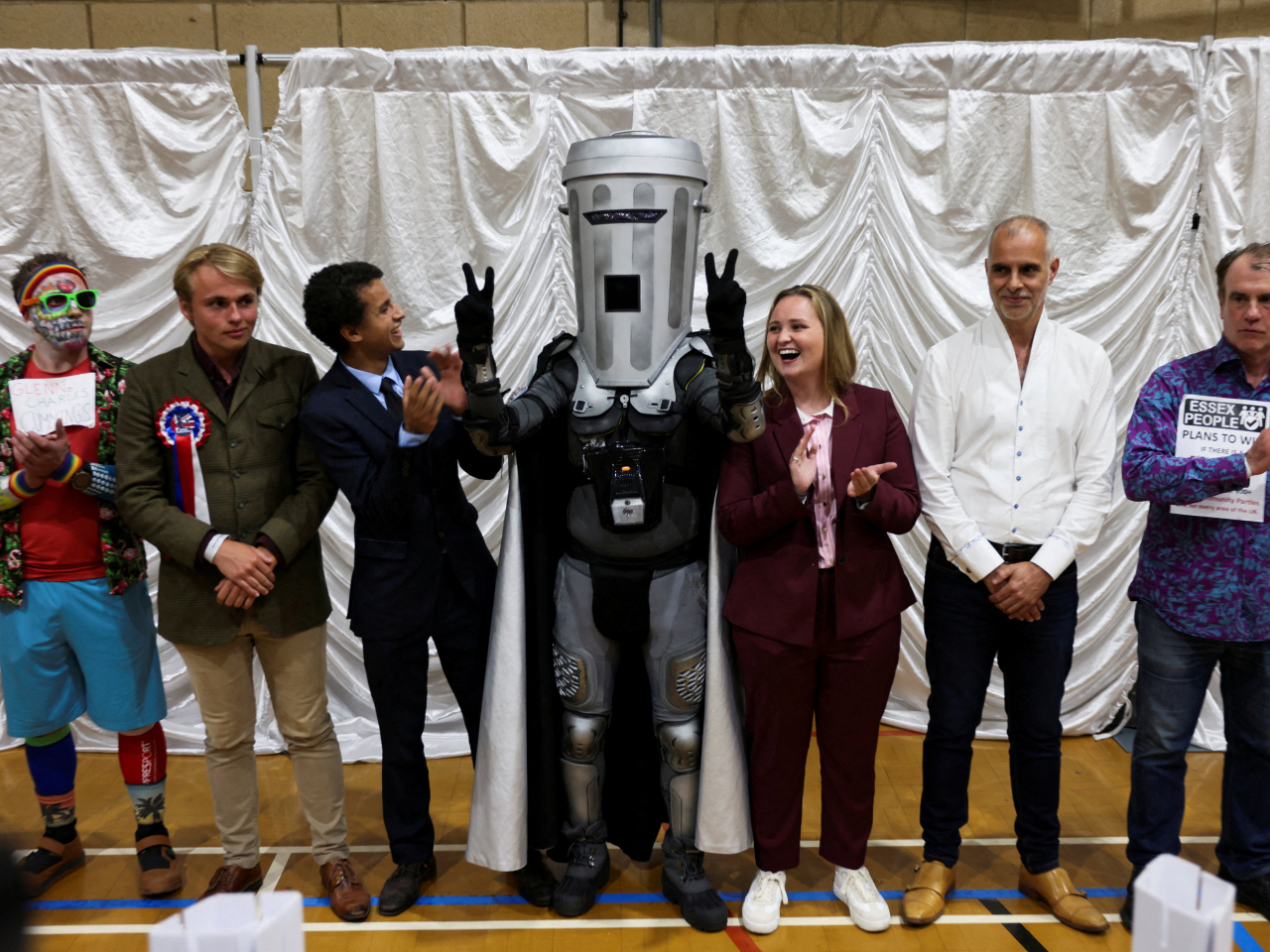 It's V for victory in a way for Count Binface after Nigel Farage was declared the winner in the Clacton by-election. The Reform leader did not attend the result announcement. Photo: Reuters