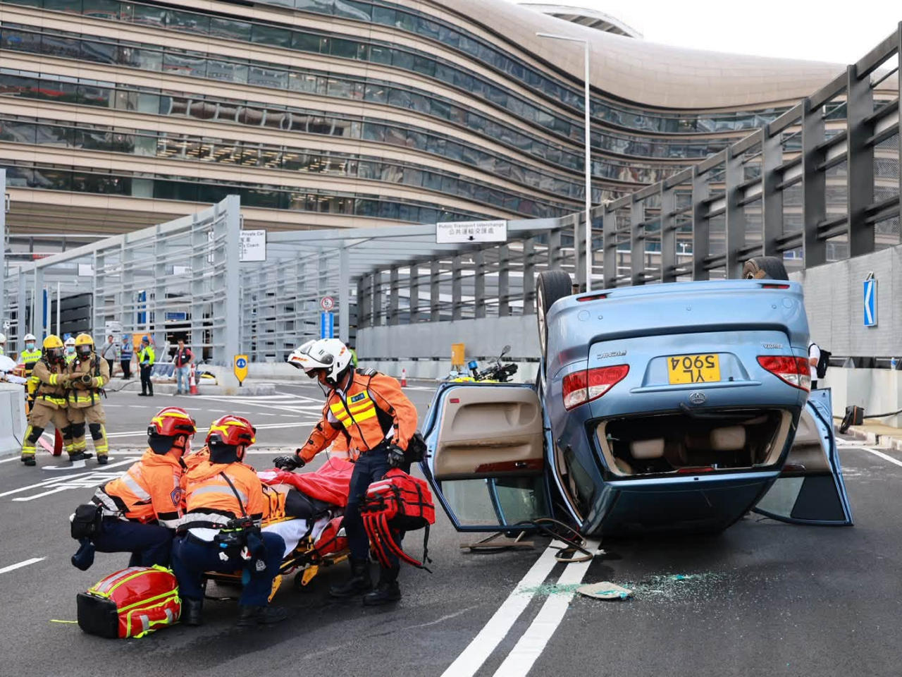 An exercise simulated a serious traffic accident that blocks a route to the port. Photo courtesy of Security Bureau's facebook