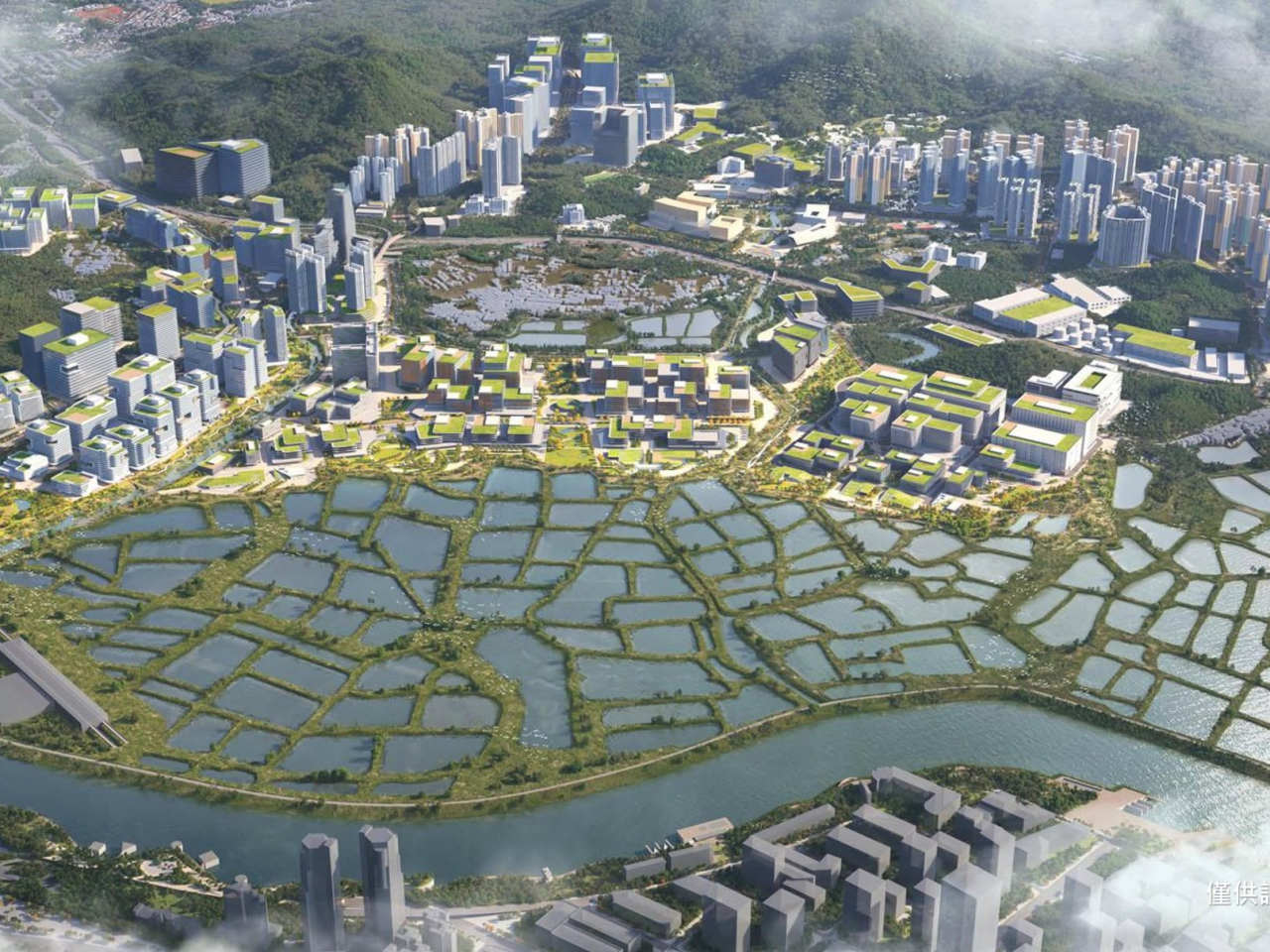 新田科技城與毗鄰三寶樹濕地保育公園構想圖。(規劃署圖片)