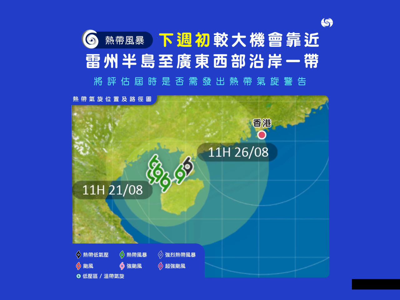 根據最新預測，該熱帶風暴明日會在北部灣徘徊，然後於下周初有較大機會逐漸轉向東至東北方向移動。（天文台）