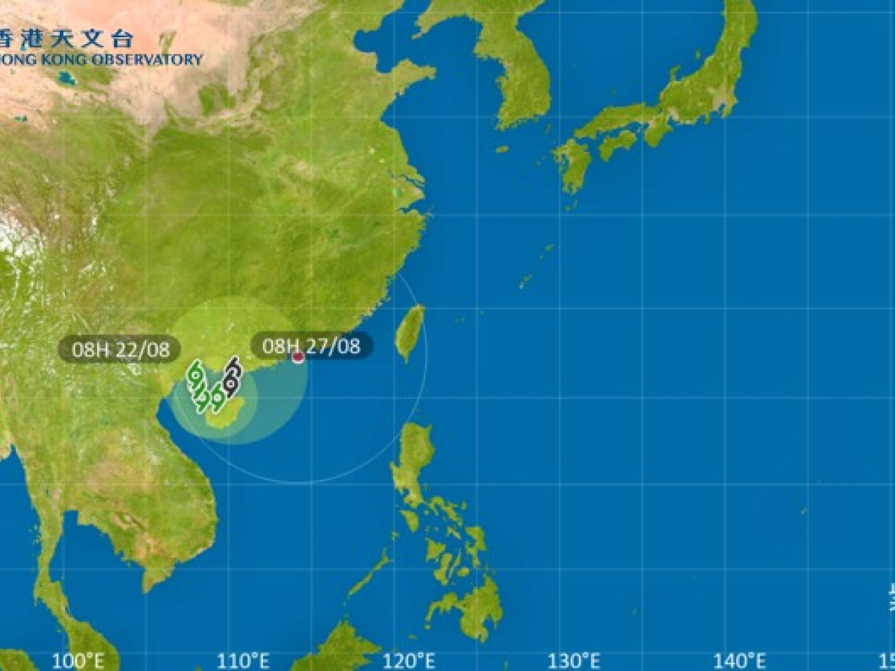 天文台預料熱帶氣旋紫檀會在今日於北部灣一帶徘徊。（天文台網站截圖）