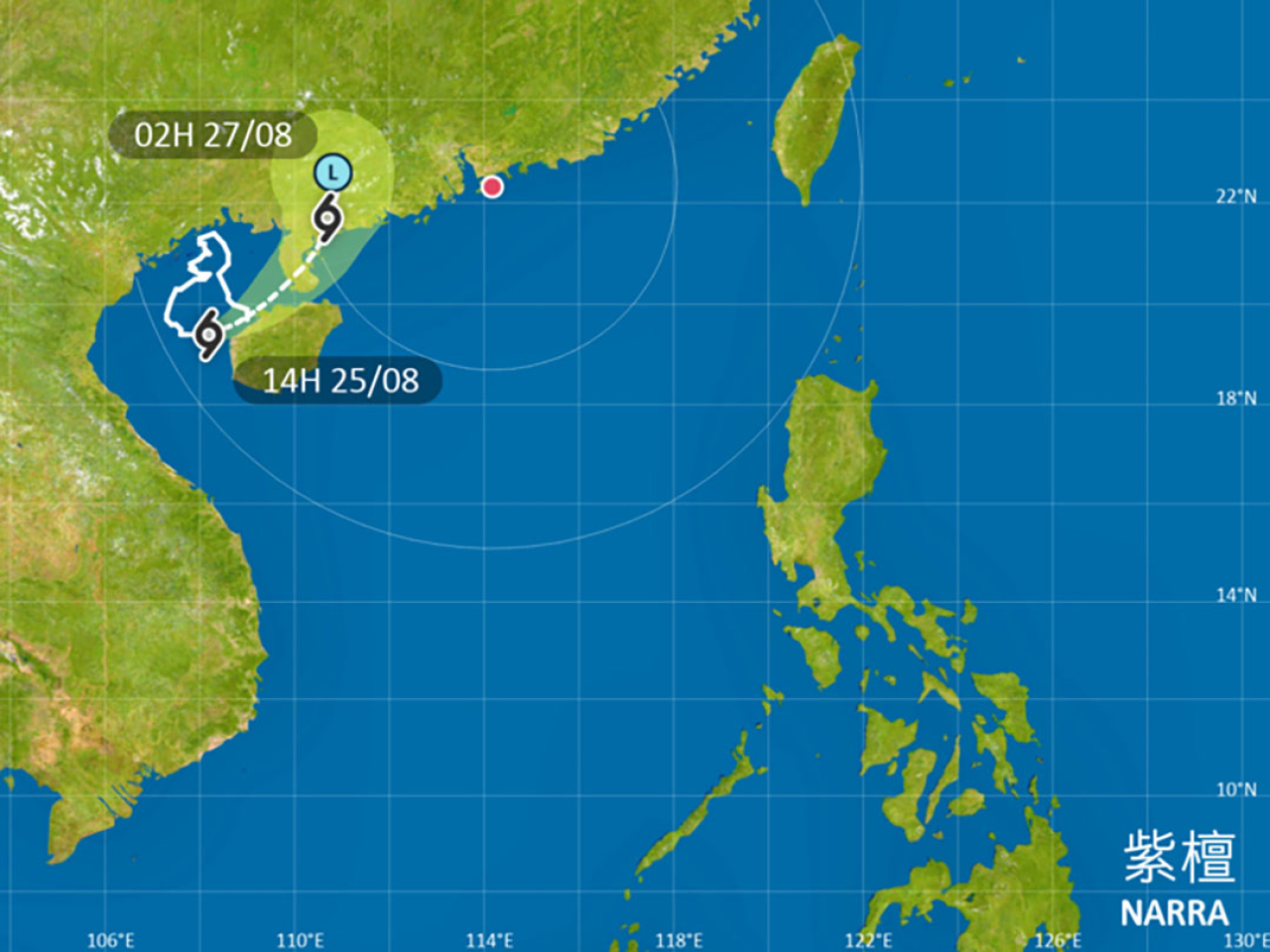 天文台說，熱帶氣旋紫檀會在明日橫過雷州半島，隨後移入廣東西部內陸並減弱。（天文台截圖）