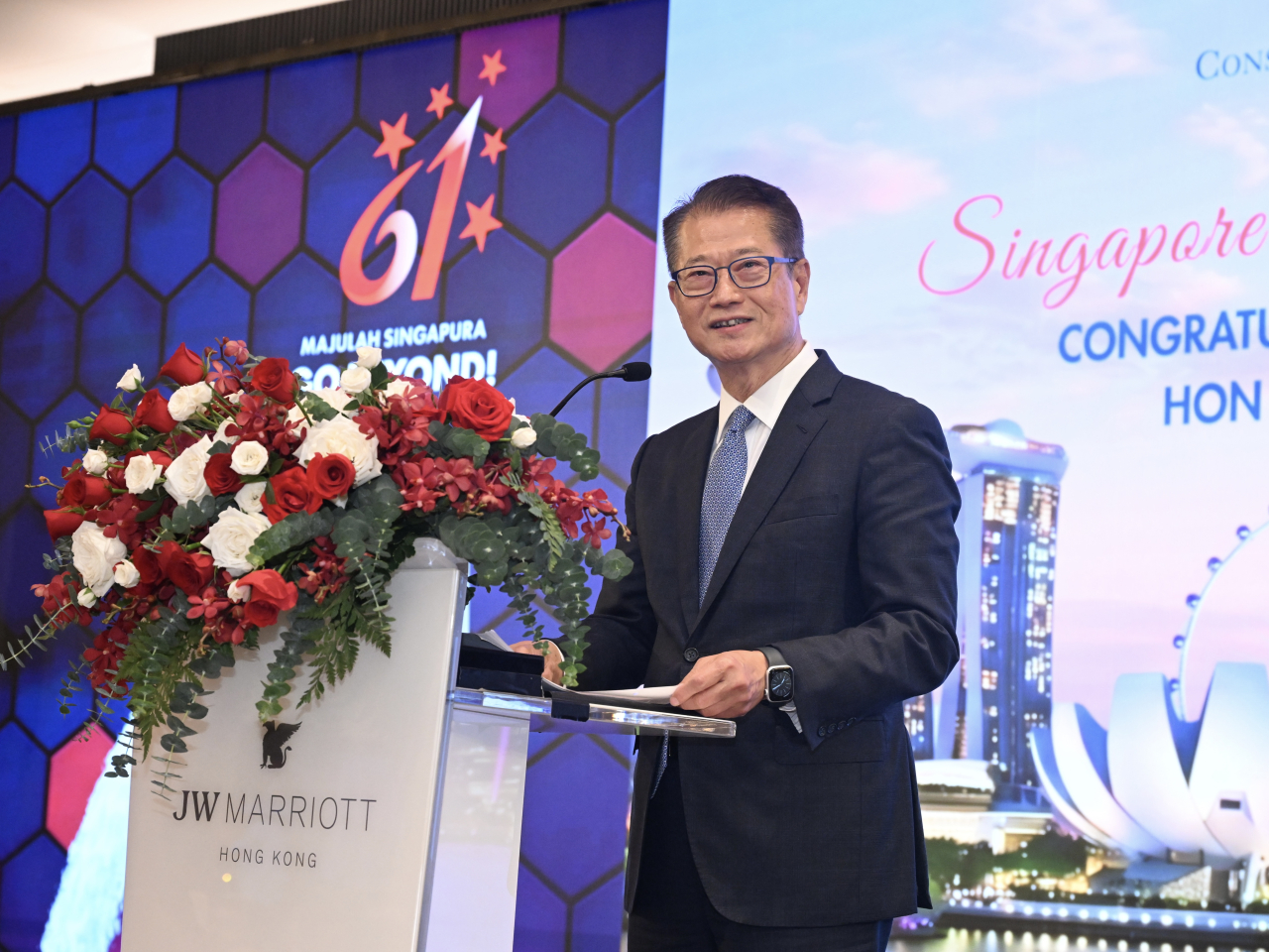 Paul Chan proposed that the two financial hubs pool their strengths to amplify the region&rsquo;s global clout. Photo courtesy of Information Services Department