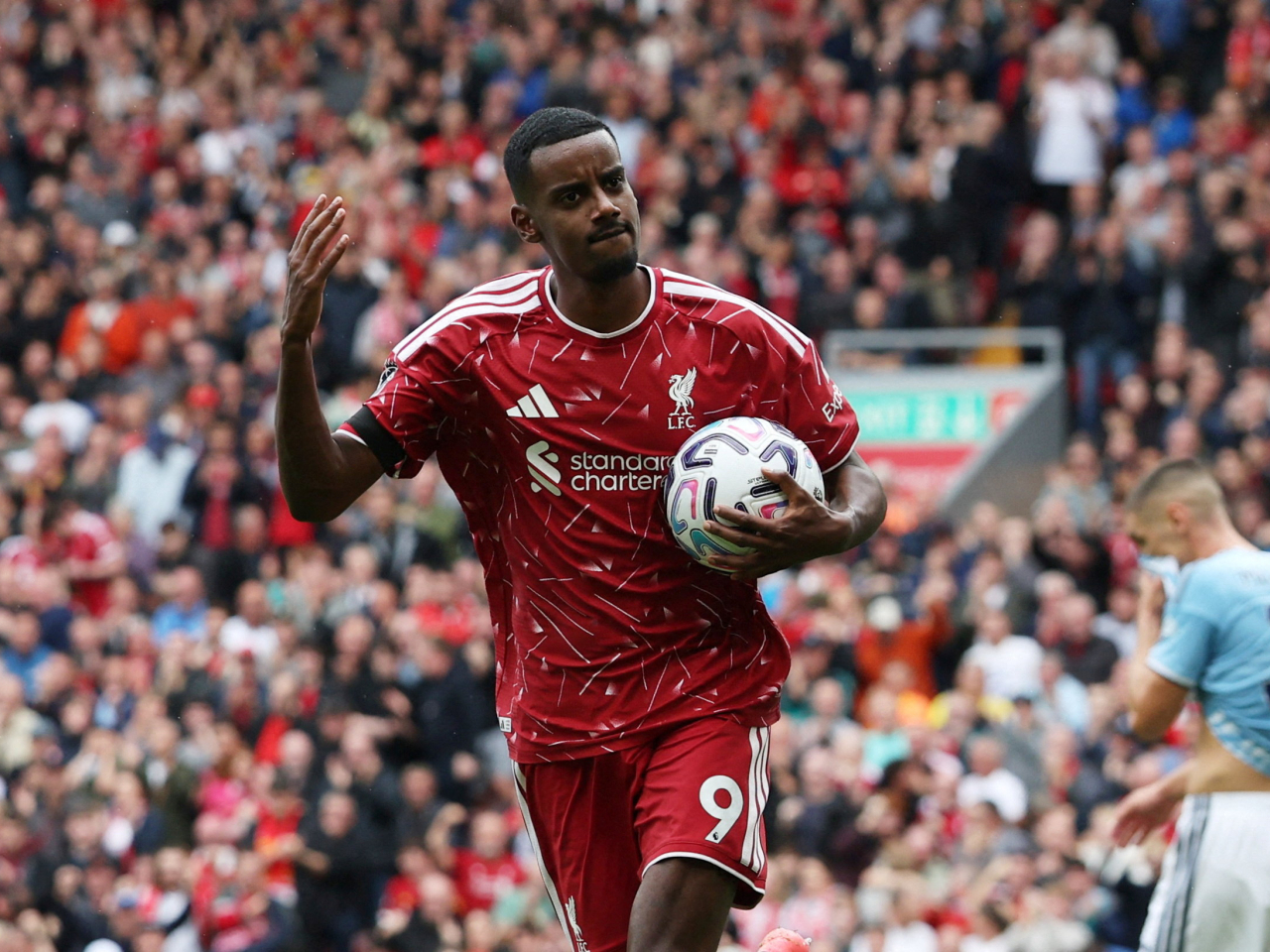 Liverpool's Alexander Isak celebrates putting his side on the scoreboard. Photo: Reuters