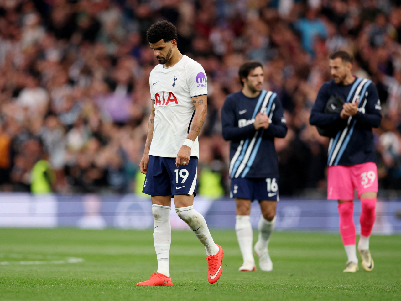 Tottenham Hotspur's Dominic Solanke looks dejected after his team's loss to Newcastle. Photo: Reuters