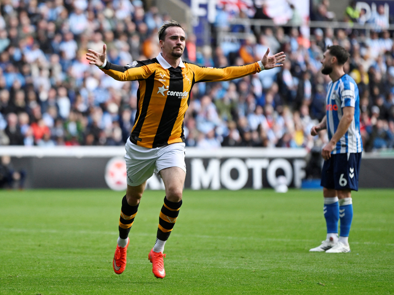Hull City substitute Liam Millar reacts after scoring. Photo: Reuters