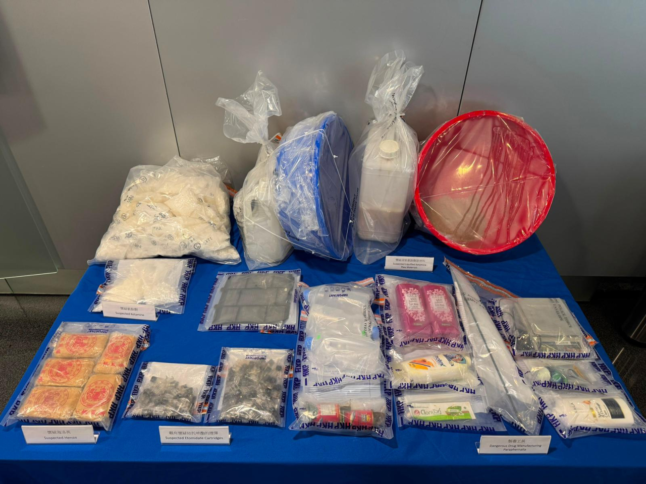 警方檢獲大批不同種類懷疑毒品。（警方提供）
