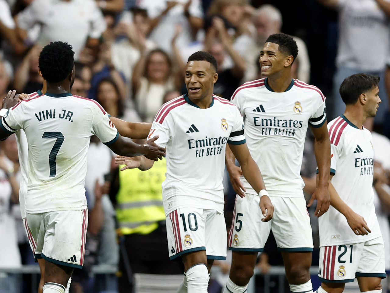 Kylian Mbappe and Jude Belligham both found the back of the net in Real's 4-0 crushing of Malaga. Photo: Reuters