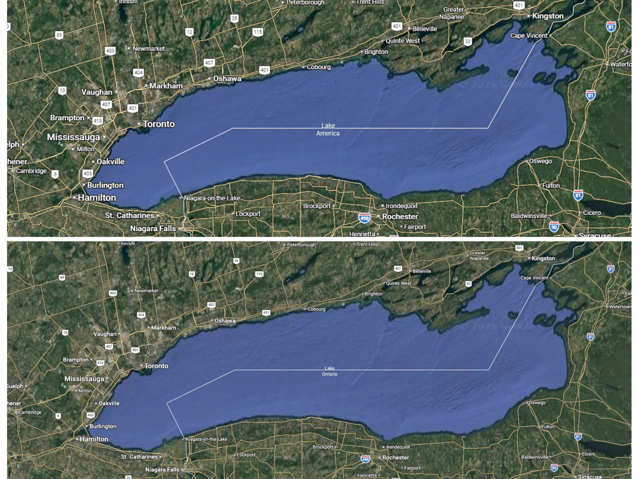 Maps showing the names Lake America, viewable only to US-based users and Lake Ontario, only for Canada-based viewers. Photo: Reuters via Google Handout