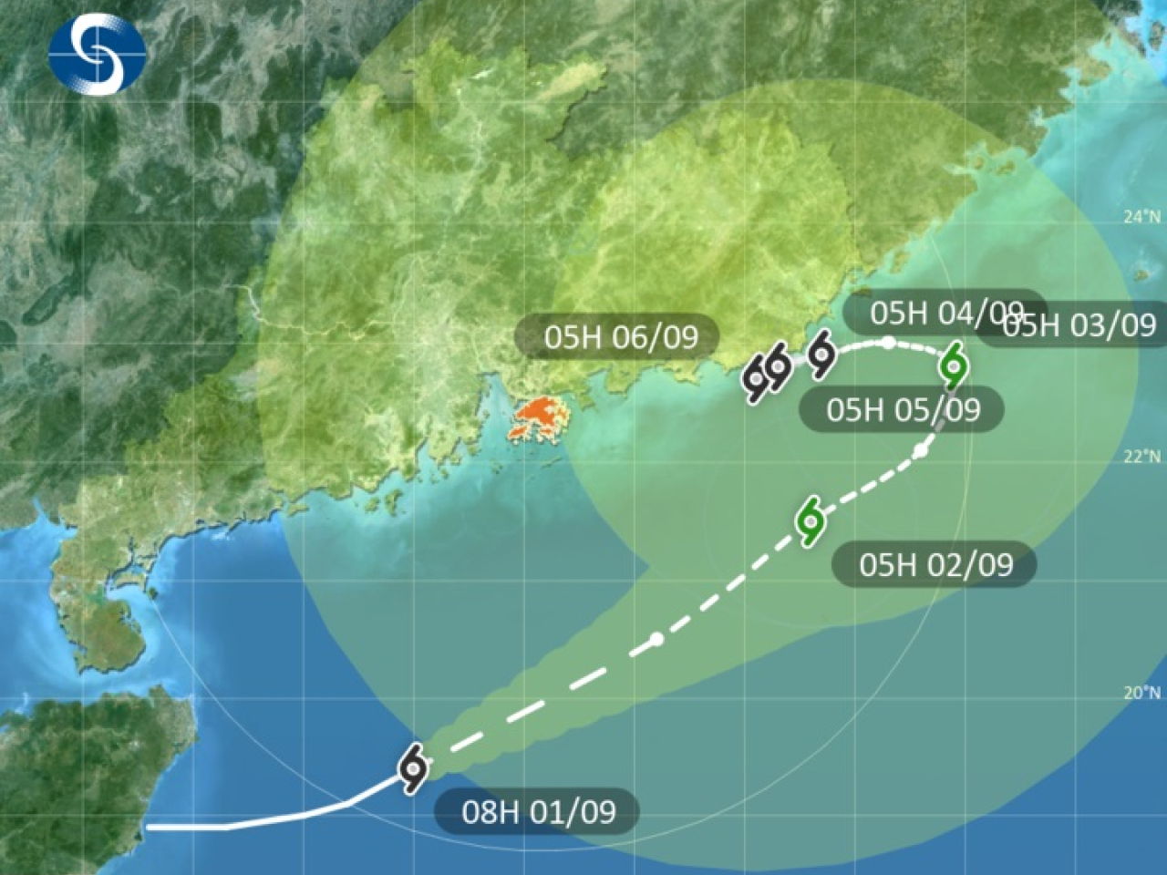 Saudel is expected to weaken slightly later this week, but there will still be a few showers over the coast of Guangdong. Photo courtesy of the Hong Kong Observatory