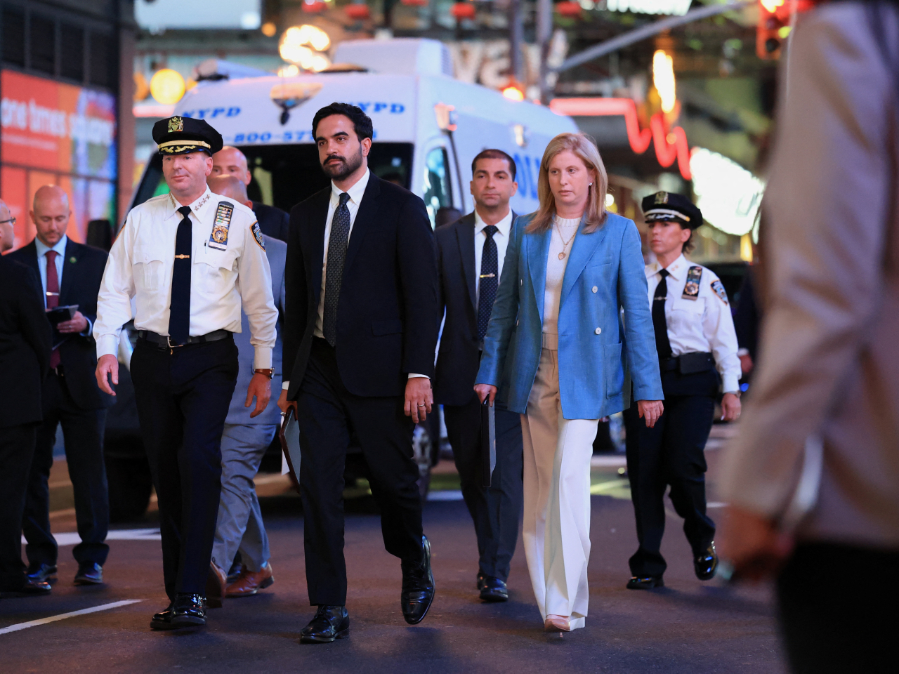 New York City Mayor Zohran Mamdani and Police Commissioner Jessica Tisch arrive at the scene of the incident. Photo: Reuters