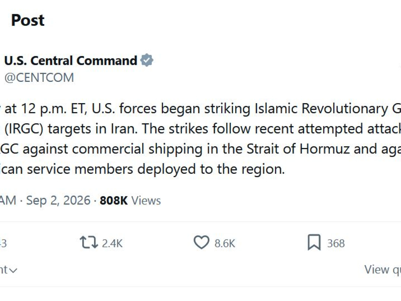 美軍中央司令部表示，美軍對伊朗境內的革命衛隊目標發動新一輪打擊。（美軍中央司令部社交媒體）