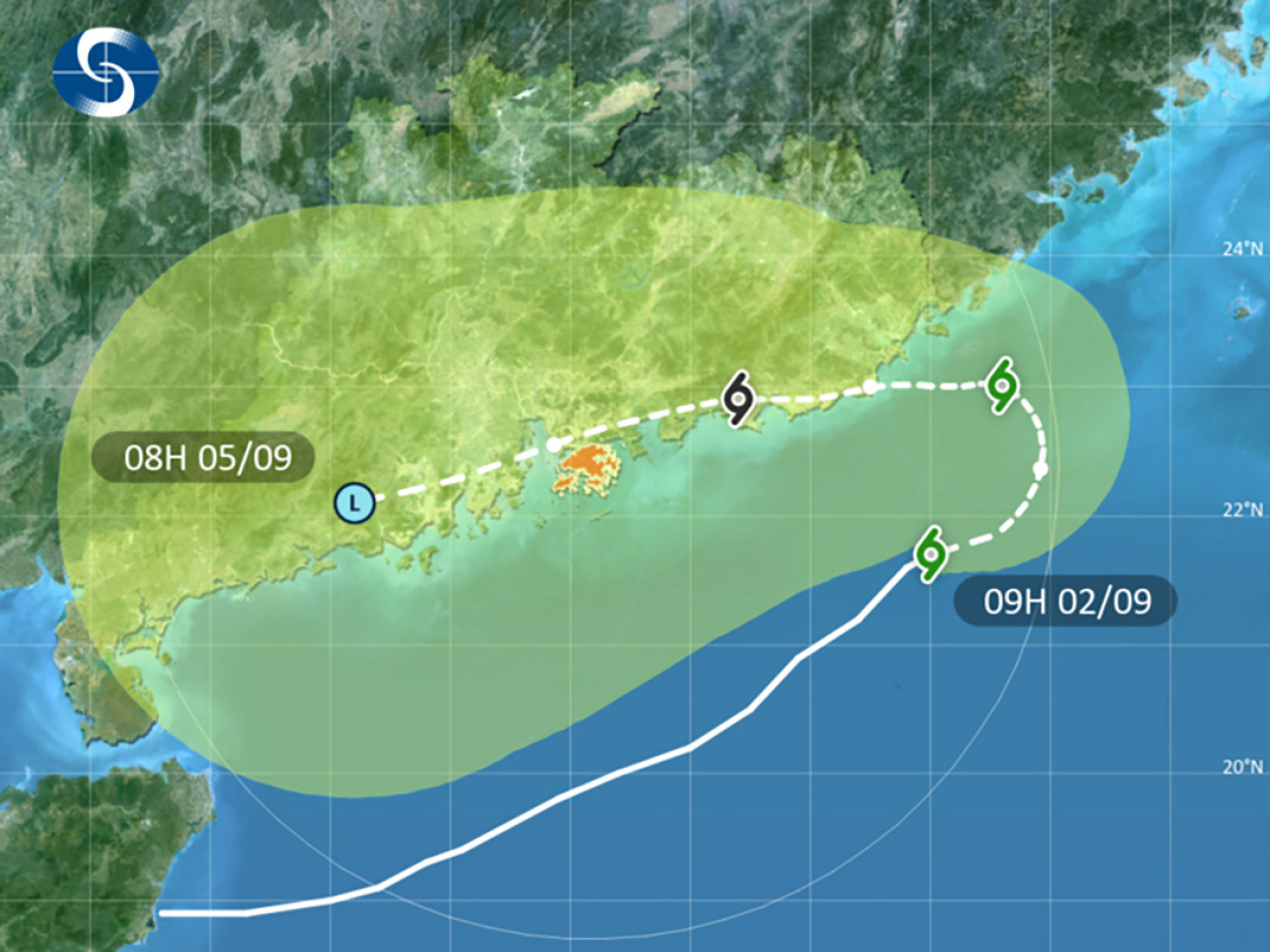 天文台表示，按照現時預測，熱帶風暴沙德爾今晚至明日初時會在南海東北部徘徊，隨後有較大機會轉向偏西方向移動。（天文台）
