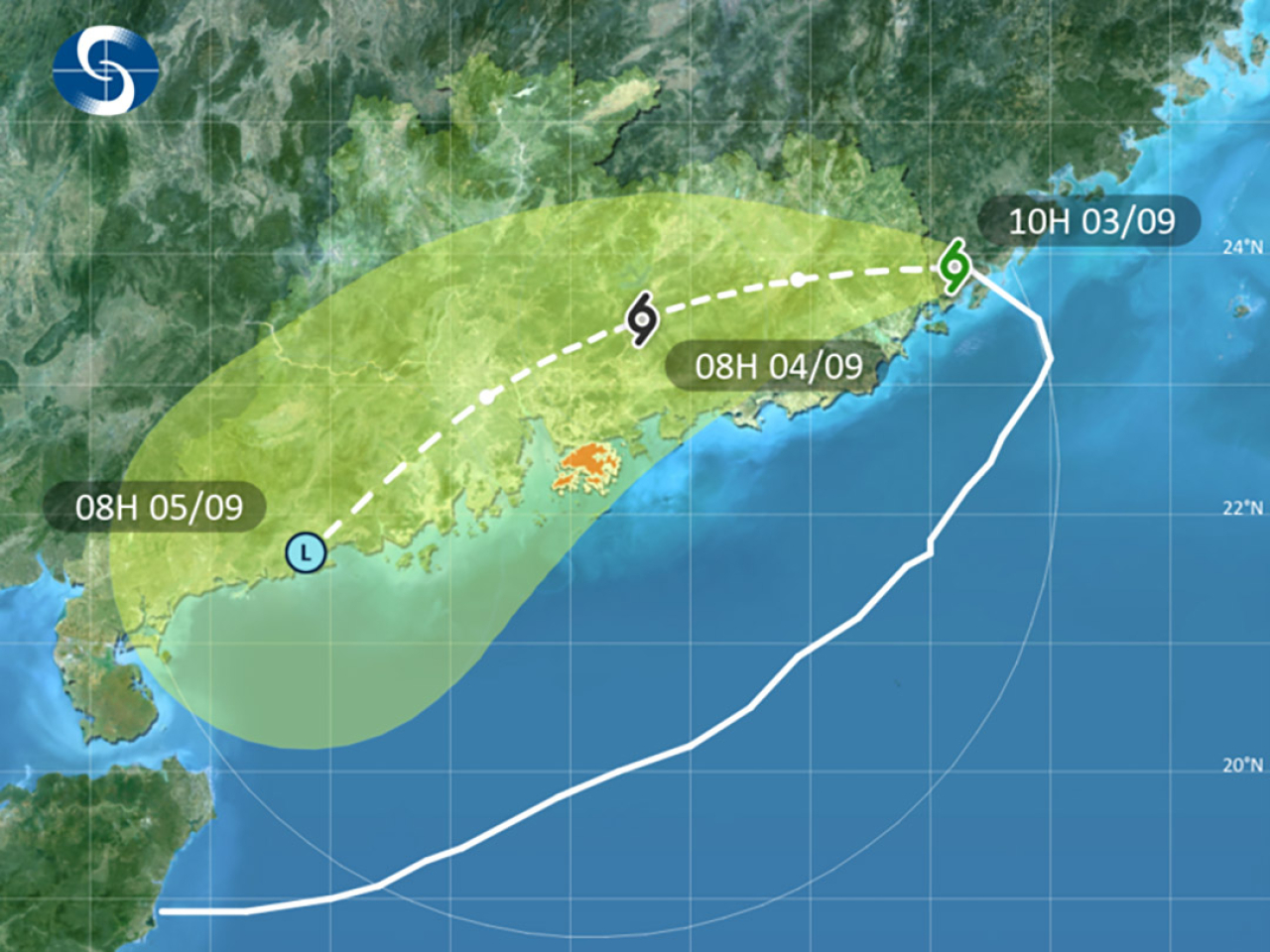 天文台表示，按照現時預測路徑，沙德爾會在今日稍後，向西橫過廣東東部內陸，並逐漸減弱。（天文台）