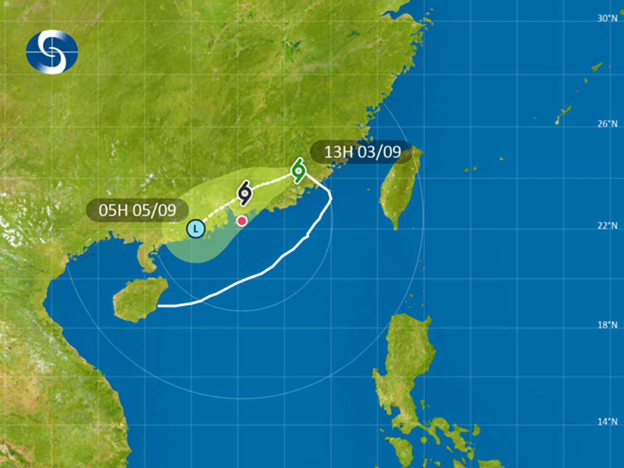 天文台指，沙德爾正橫過廣東東部內陸。（天文台）