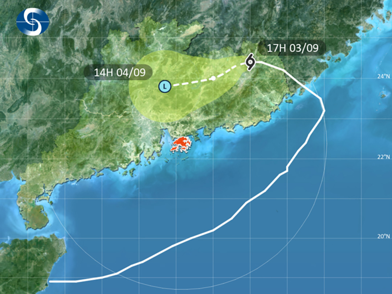 下午5時，沙德爾集結在香港之東北約300公里，預料向西南偏西移動，時速約12公里，橫過廣東東部內陸，並繼續減弱。（天文台）