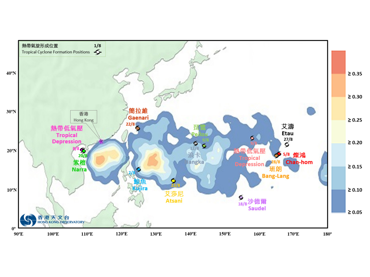 2026年8月西北太平洋和南海的熱帶氣旋生成位置。陰影顏色表示8 月熱帶氣旋生成長期平均數目的分佈。（天氣隨筆）