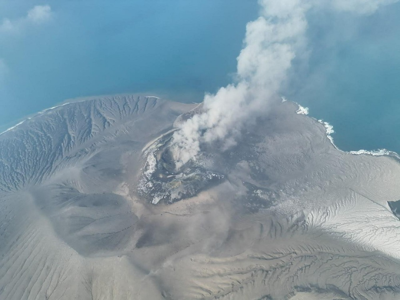 A drone view shows the Mount Anak Krakatau volcano spewing hot ash during an eruption on Saturday. Photo: Reuters